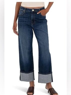 Kut from the Kloth Sienna Wide Leg Straight Leg Cuffed Jeans Dark Blue Petite 2